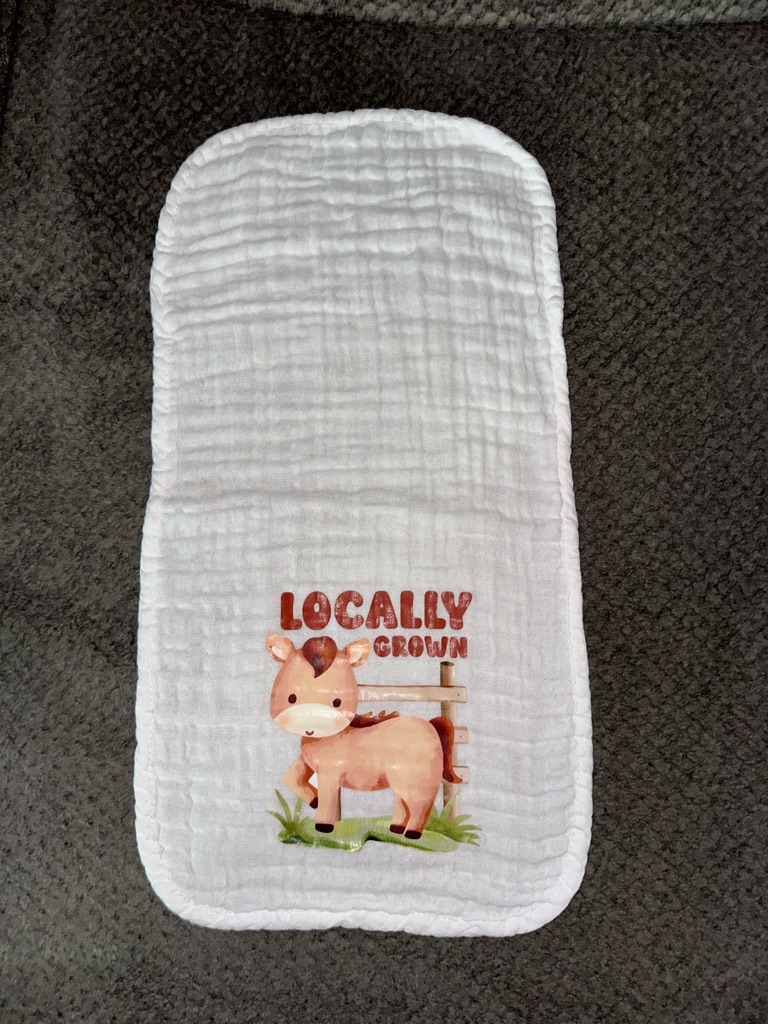 White Baby Burp Cloth With 'Locally Grown' Horse Print